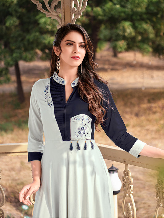 Gorgeous Light Grey Rayon Embroidered Designer Kurti