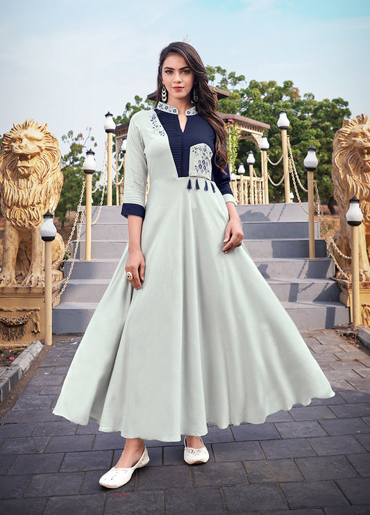 Gorgeous Light Grey Rayon Embroidered Designer Kurti