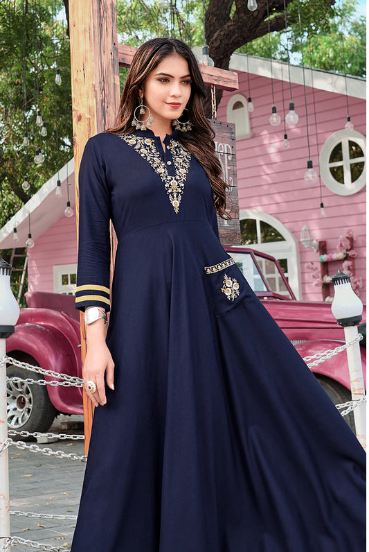 Gorgeous Navy blue Rayon Embroidered Designer Kurti