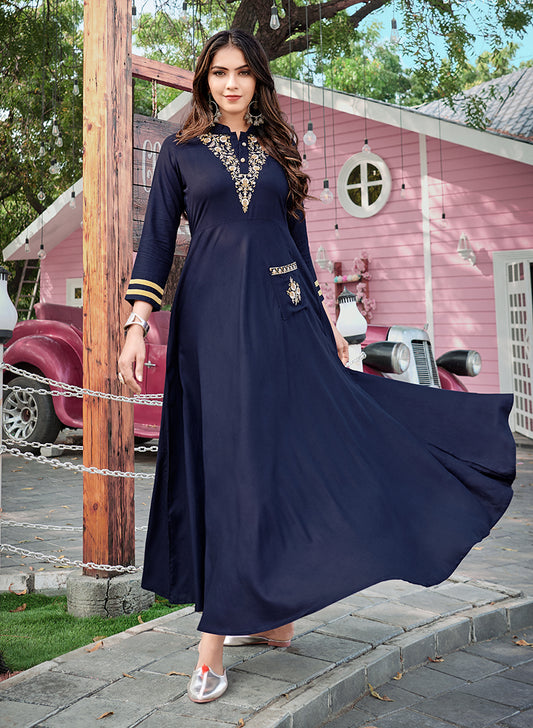 Gorgeous Navy blue Rayon Embroidered Designer Kurti