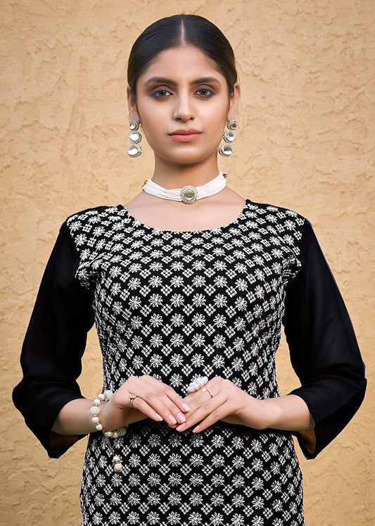 Embroidered Georgette Straight Kurta Set in Black