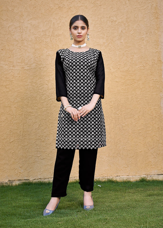 Embroidered Georgette Straight Kurta Set in Black