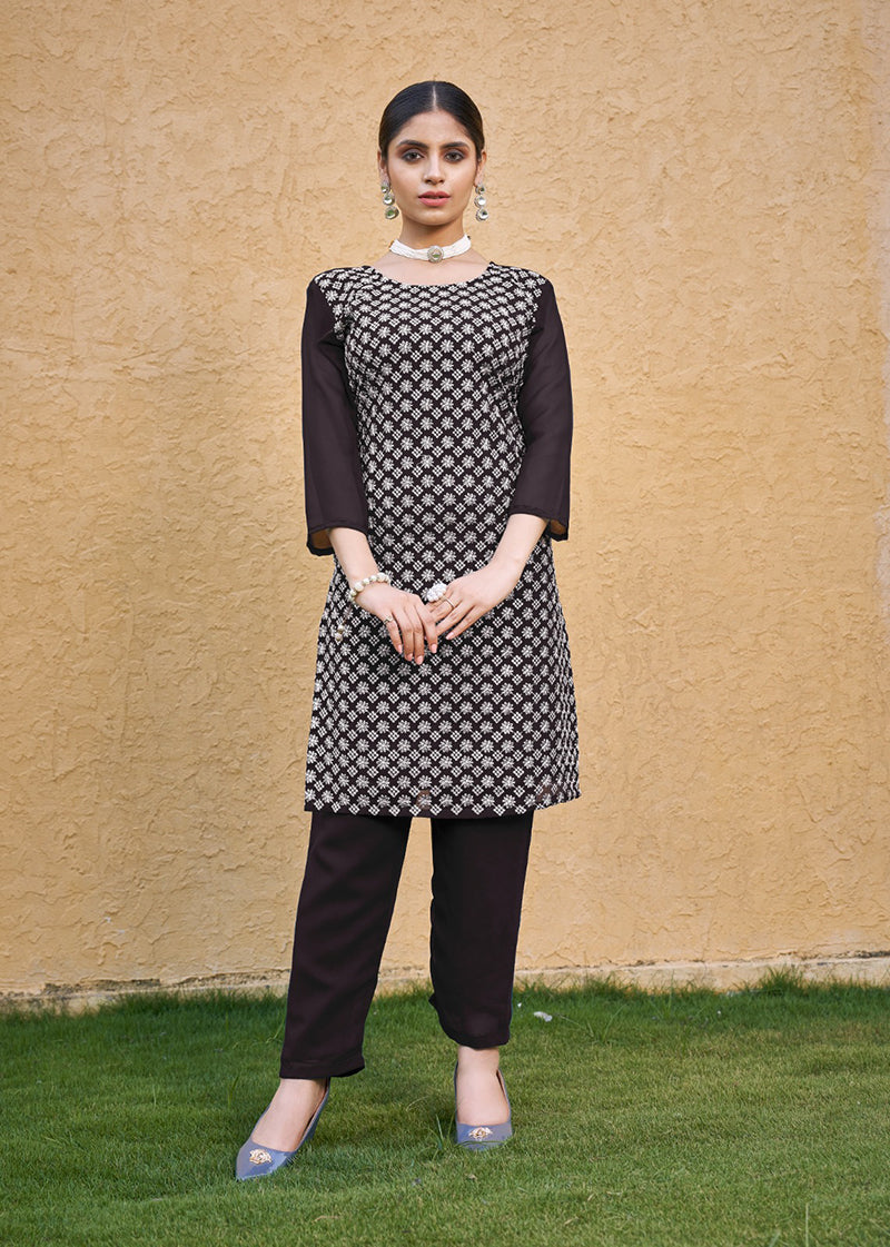 Embroidered Georgette Straight Kurta Set in Coffee
