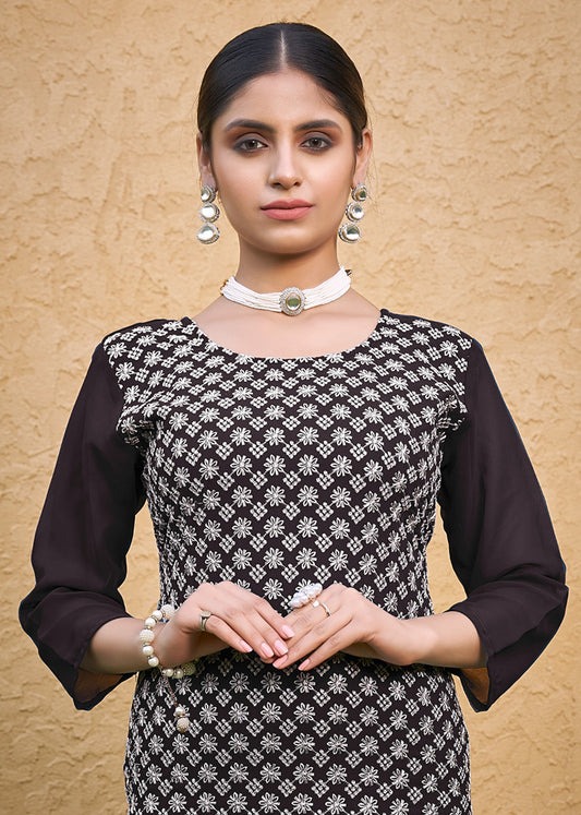 Embroidered Georgette Straight Kurta Set in Coffee