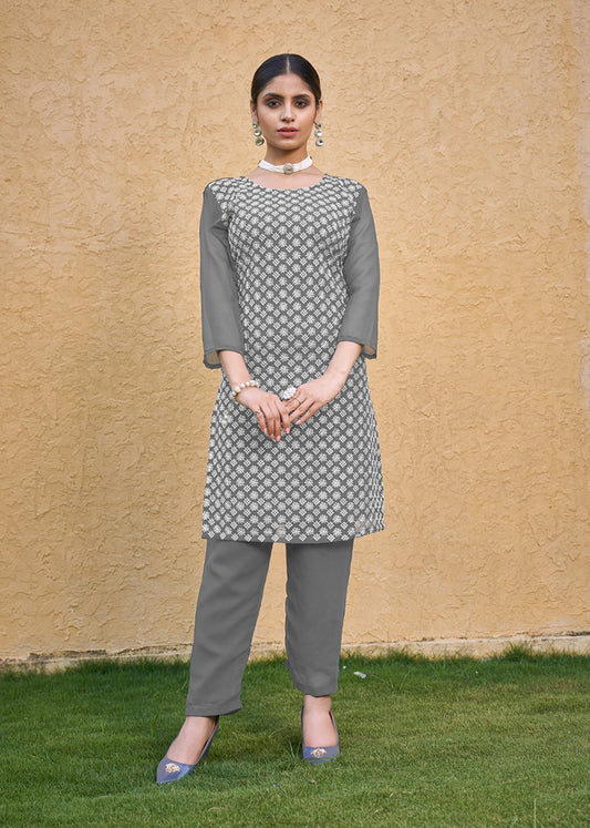 Embroidered Georgette Straight Kurta Set in Grey