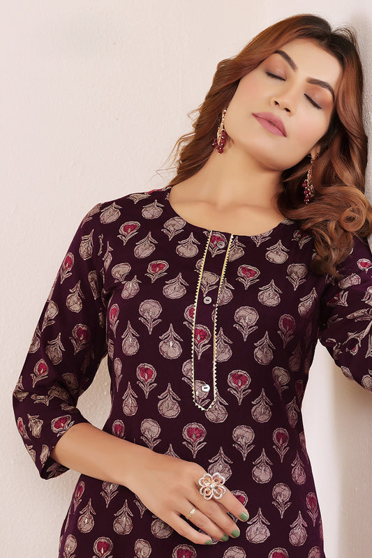 Wine Print Viscose  muslin Casual Office Wear Kurti