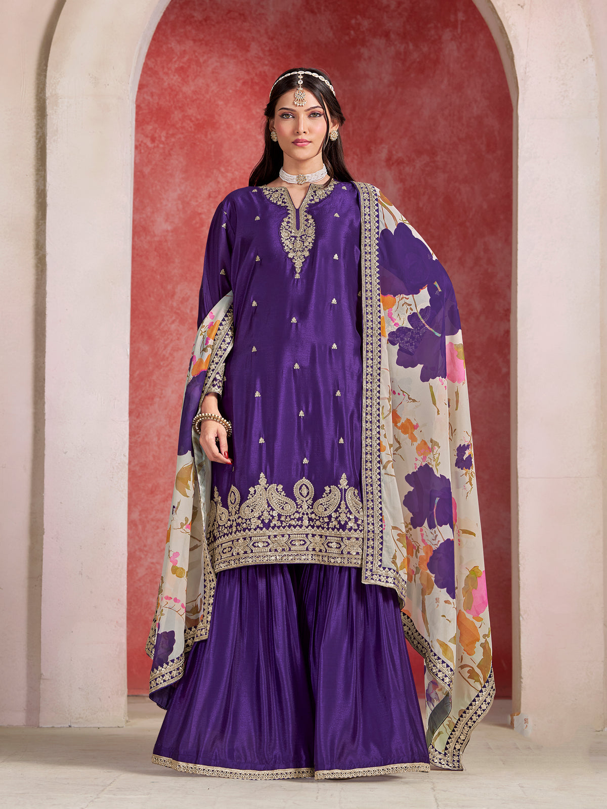 Chinon Silk Purple Embroidered Palazzo Readymade Salwar Suit