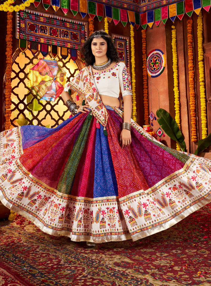 Multi Colour Printed Mirror Work Georgette Lehenga Choli