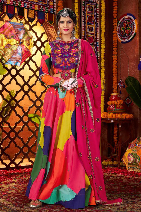 Multi Colour Printed Muslin Navratri Wear Lehenga Choli