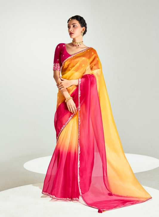 Yellow And Rani Pink Organza Tissue Sequins Embroidery Handwork Wedding Wear Saree