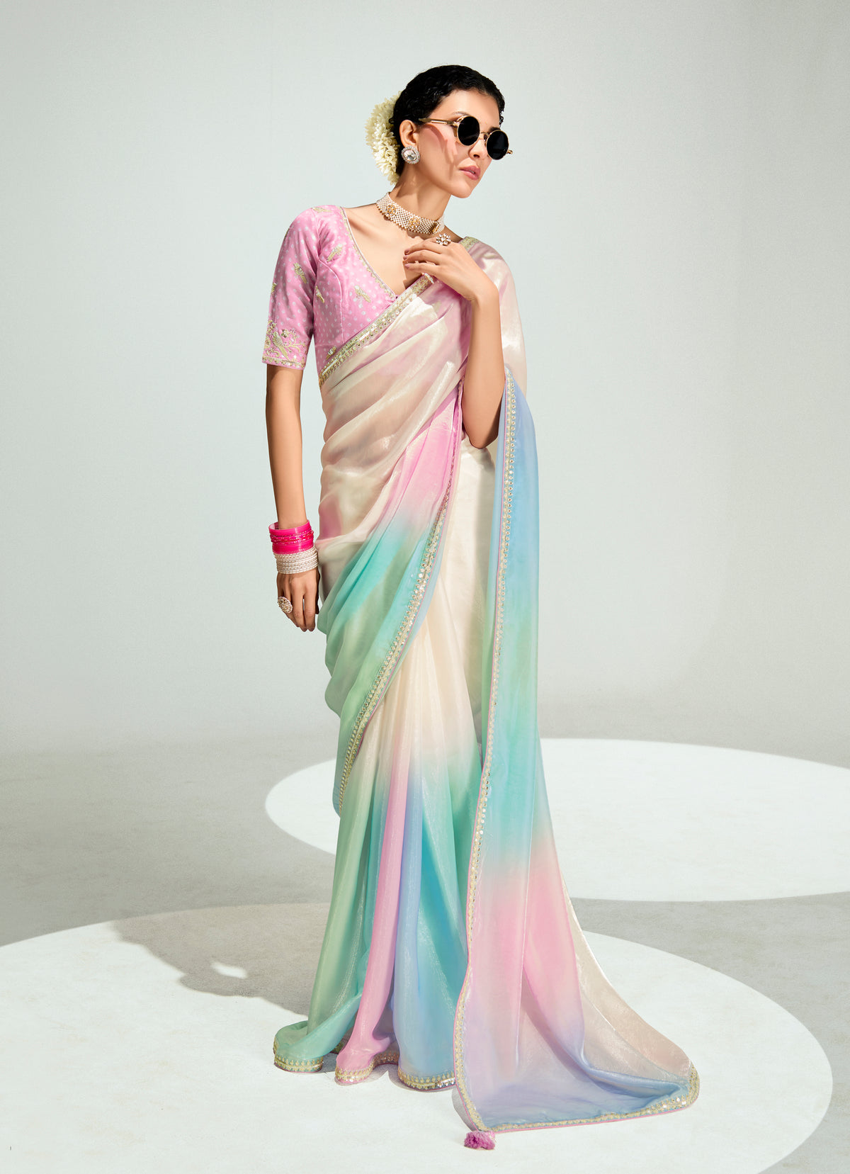 Organza Tissue Multi Colour Sequins Embroidery Handwork Engagement Wear Saree