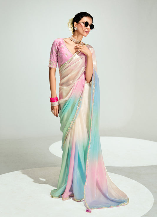 Organza Tissue Multi Colour Sequins Embroidery Handwork Engagement Wear Saree