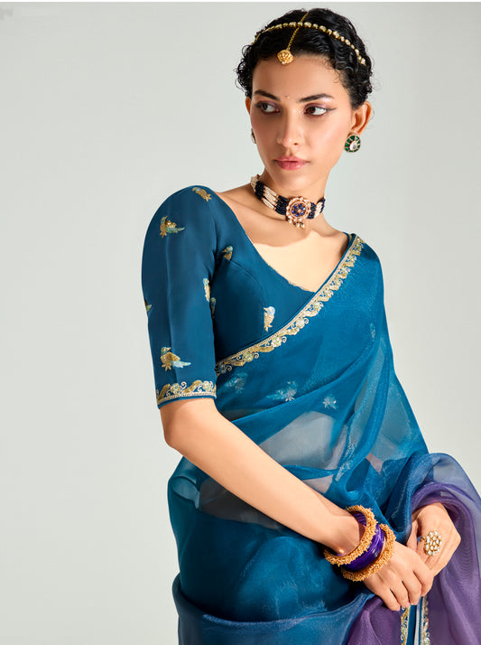 Organza Tissue Morpeach And Purple Sequins Embroidery Handwork Engagement Wear Saree