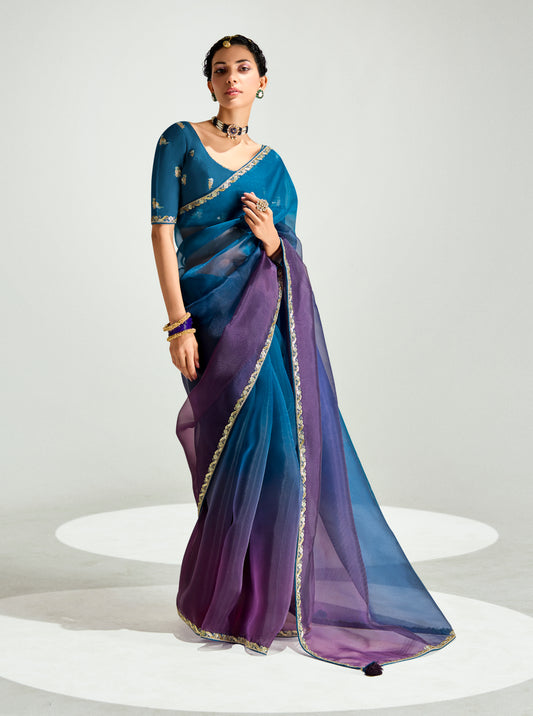 Organza Tissue Morpeach And Purple Sequins Embroidery Handwork Engagement Wear Saree