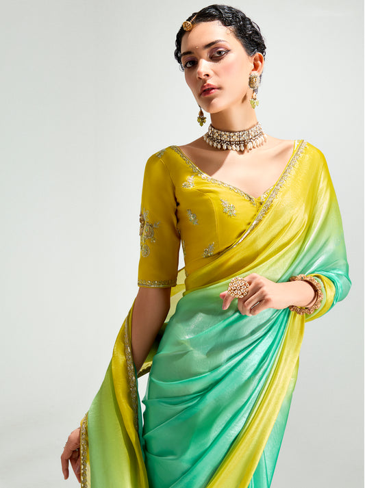 Organza Tissue Yellow And Sea Green Sequins Embroidery Handwork Engagement Wear Saree