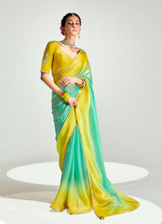 Organza Tissue Yellow And Sea Green Sequins Embroidery Handwork Engagement Wear Saree