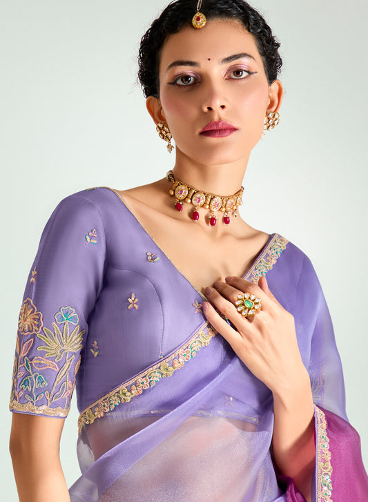Lavender And Magenta Organza Tissue Sequins Embroidery Handwork Wedding Wear Saree