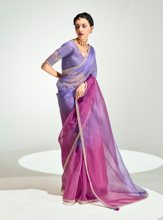 Lavender And Magenta Organza Tissue Sequins Embroidery Handwork Wedding Wear Saree