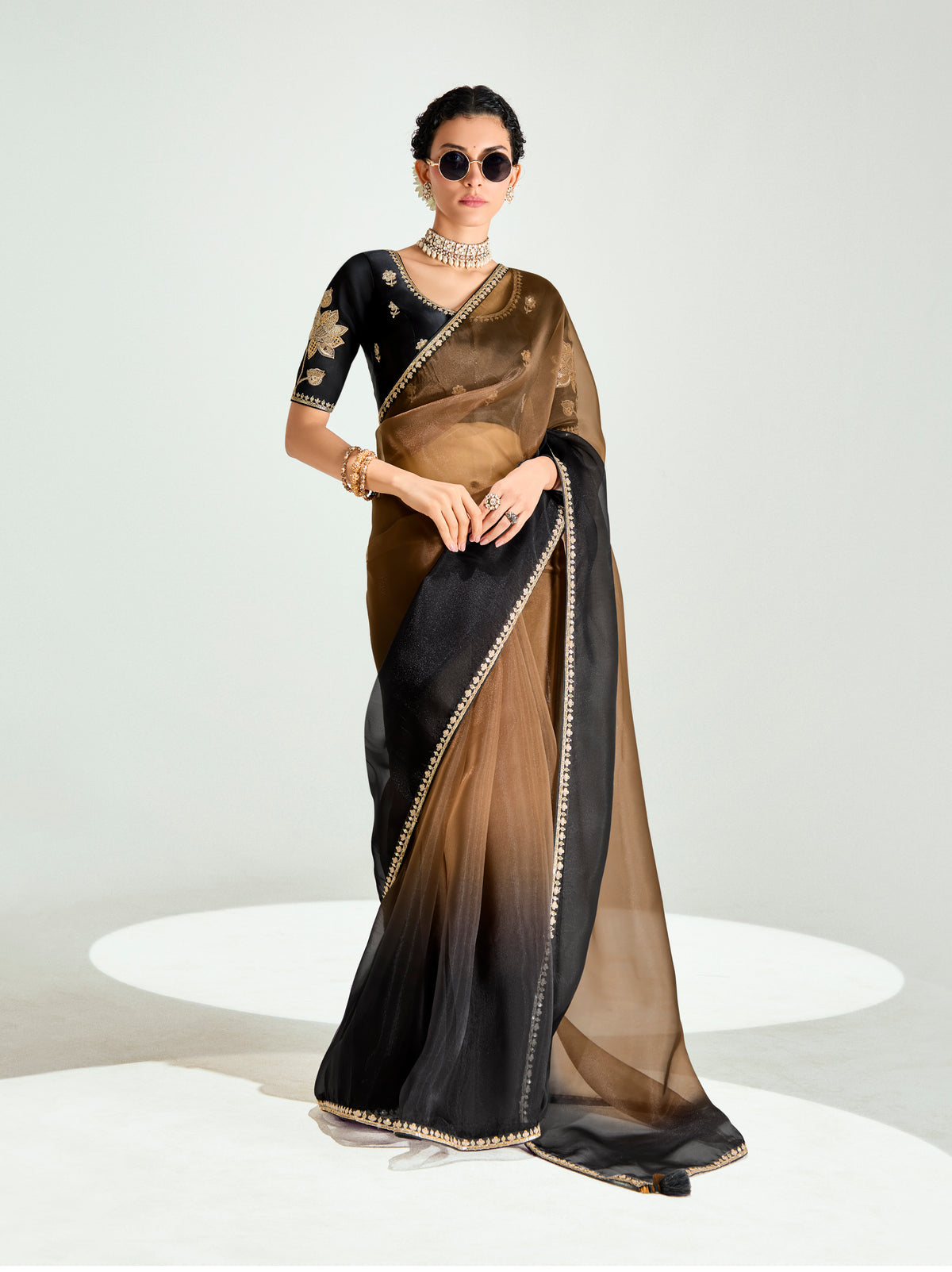 Brown And Black Organza Tissue Sequins Embroidery Handwork Wedding Wear Saree