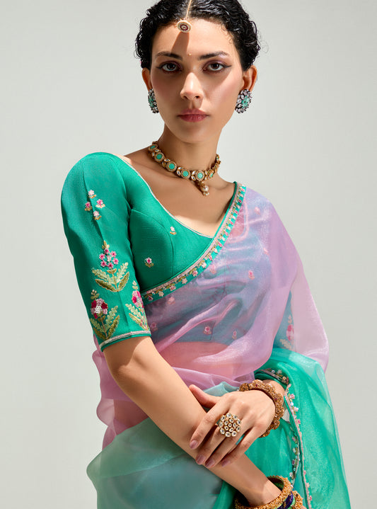 Turquoise And Pink Organza Tissue Sequins Embroidery Handwork Wedding Wear Saree