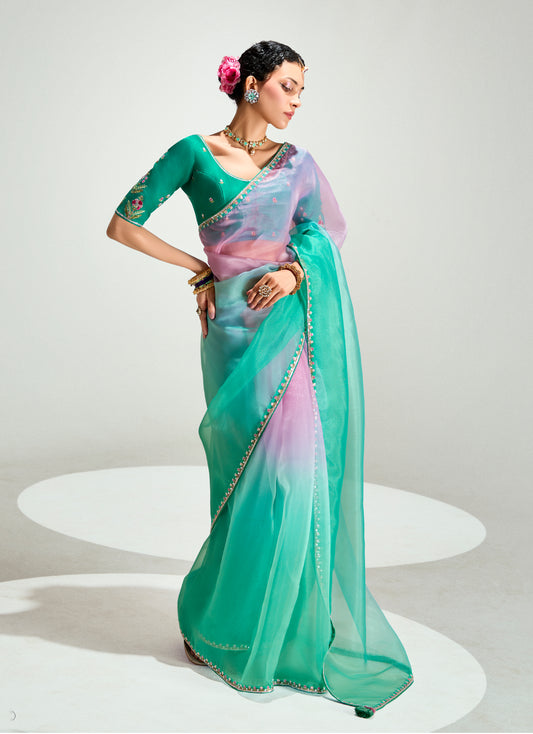 Turquoise And Pink Organza Tissue Sequins Embroidery Handwork Wedding Wear Saree