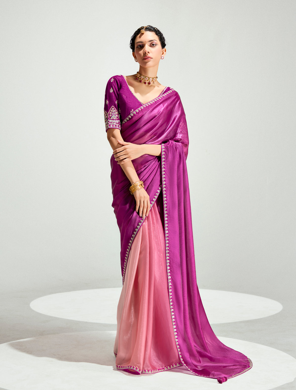 Magenta And Peach Organza Tissue Sequins Embroidery Handwork Wedding Wear Saree
