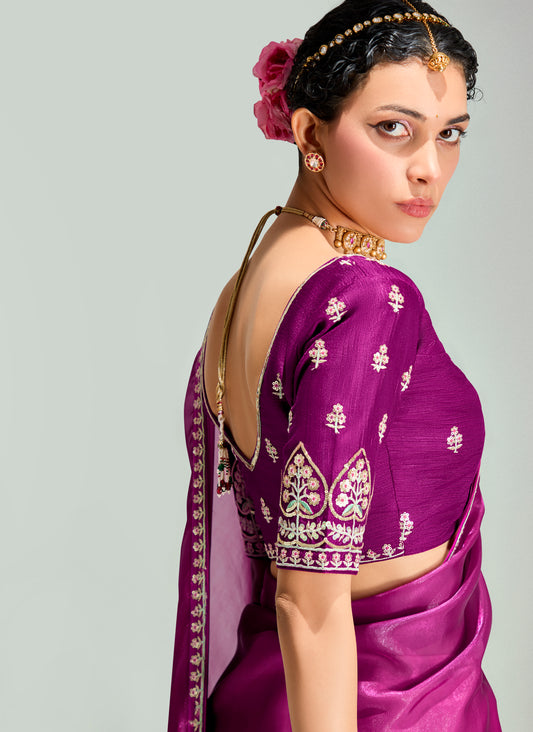 Magenta And Peach Organza Tissue Sequins Embroidery Handwork Wedding Wear Saree