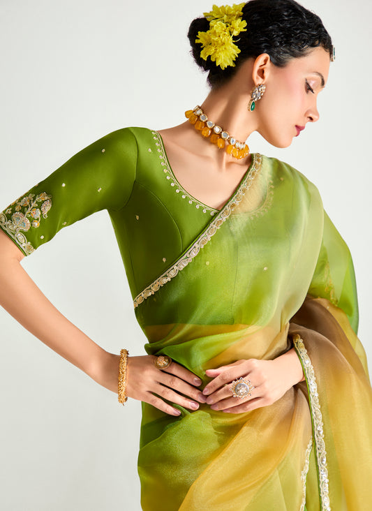 Multi Colour Organza Tissue Sequins Embroidery Handwork Wedding Wear Saree