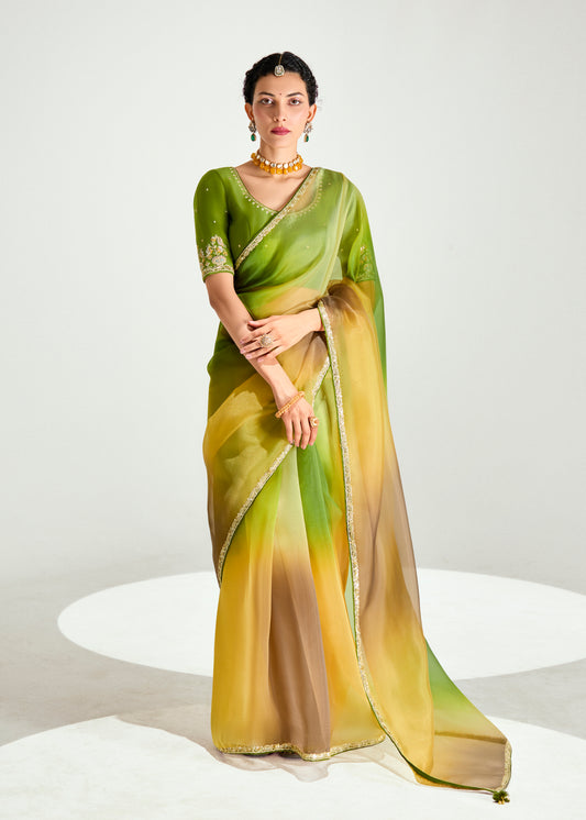 Multi Colour Organza Tissue Sequins Embroidery Handwork Wedding Wear Saree