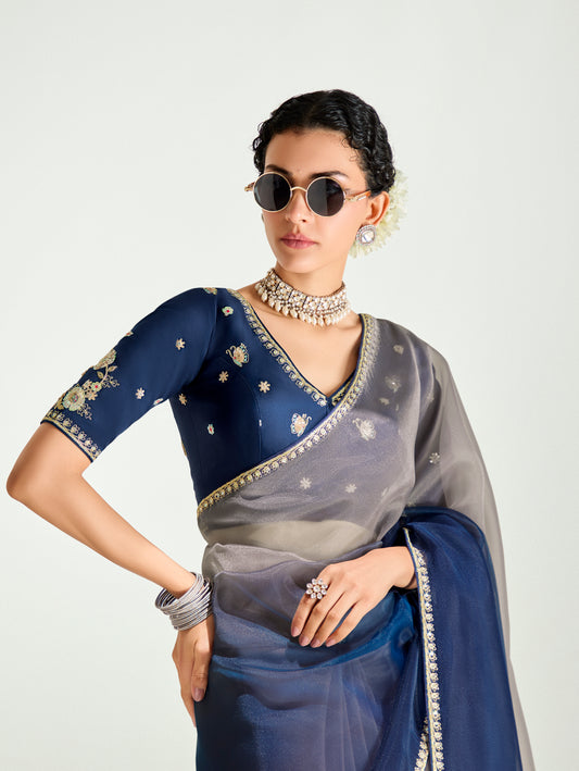 Navy Blue And Beige Organza Tissue Sequins Embroidery Handwork Wedding Wear Saree