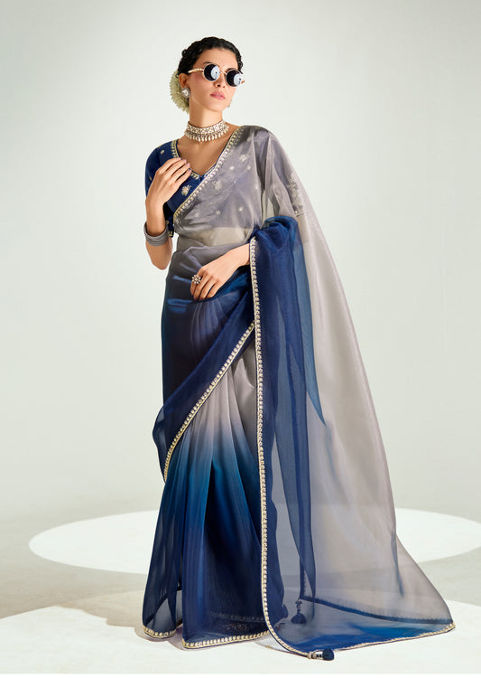 Navy Blue And Beige Organza Tissue Sequins Embroidery Handwork Wedding Wear Saree