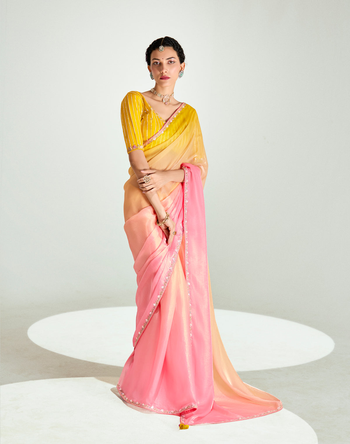 Organza Tissue Pink And Yellow Sequins Embroidery Handwork Engagement Wear Saree