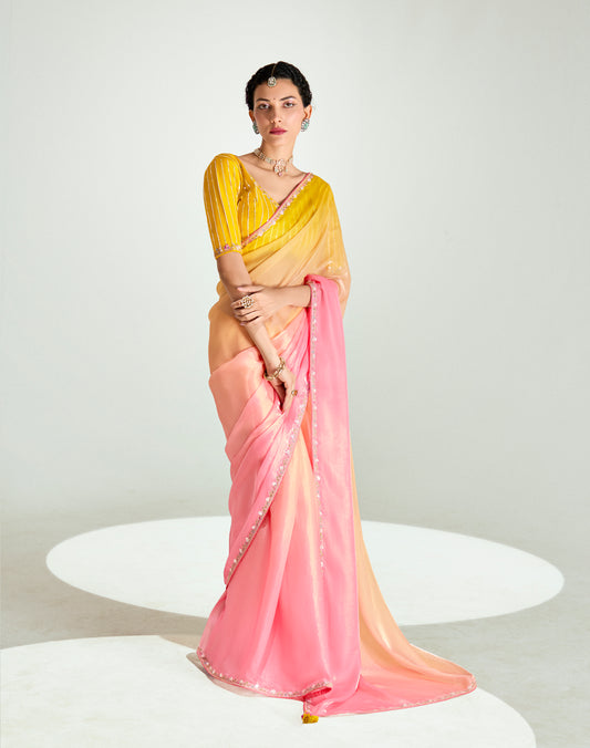 Organza Tissue Pink And Yellow Sequins Embroidery Handwork Engagement Wear Saree