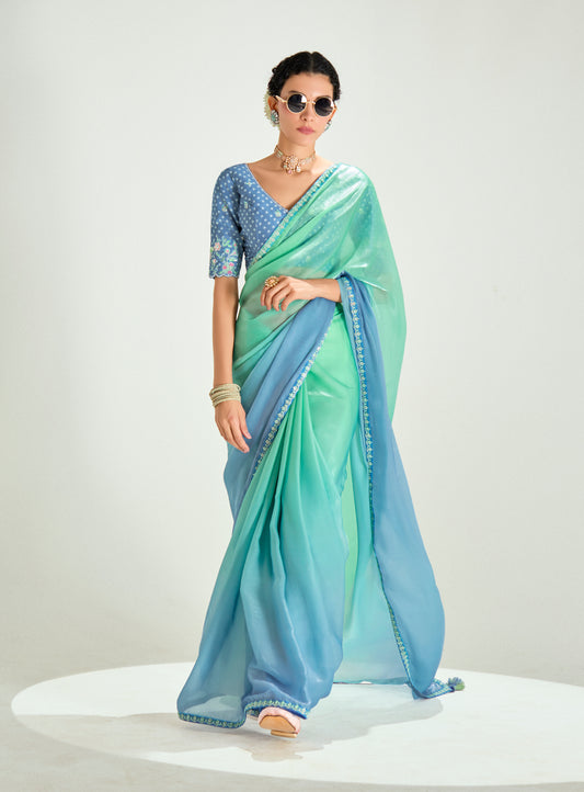 Organza Tissue Sea Green And Light Blue Sequins Embroidery Handwork Engagement Wear Saree