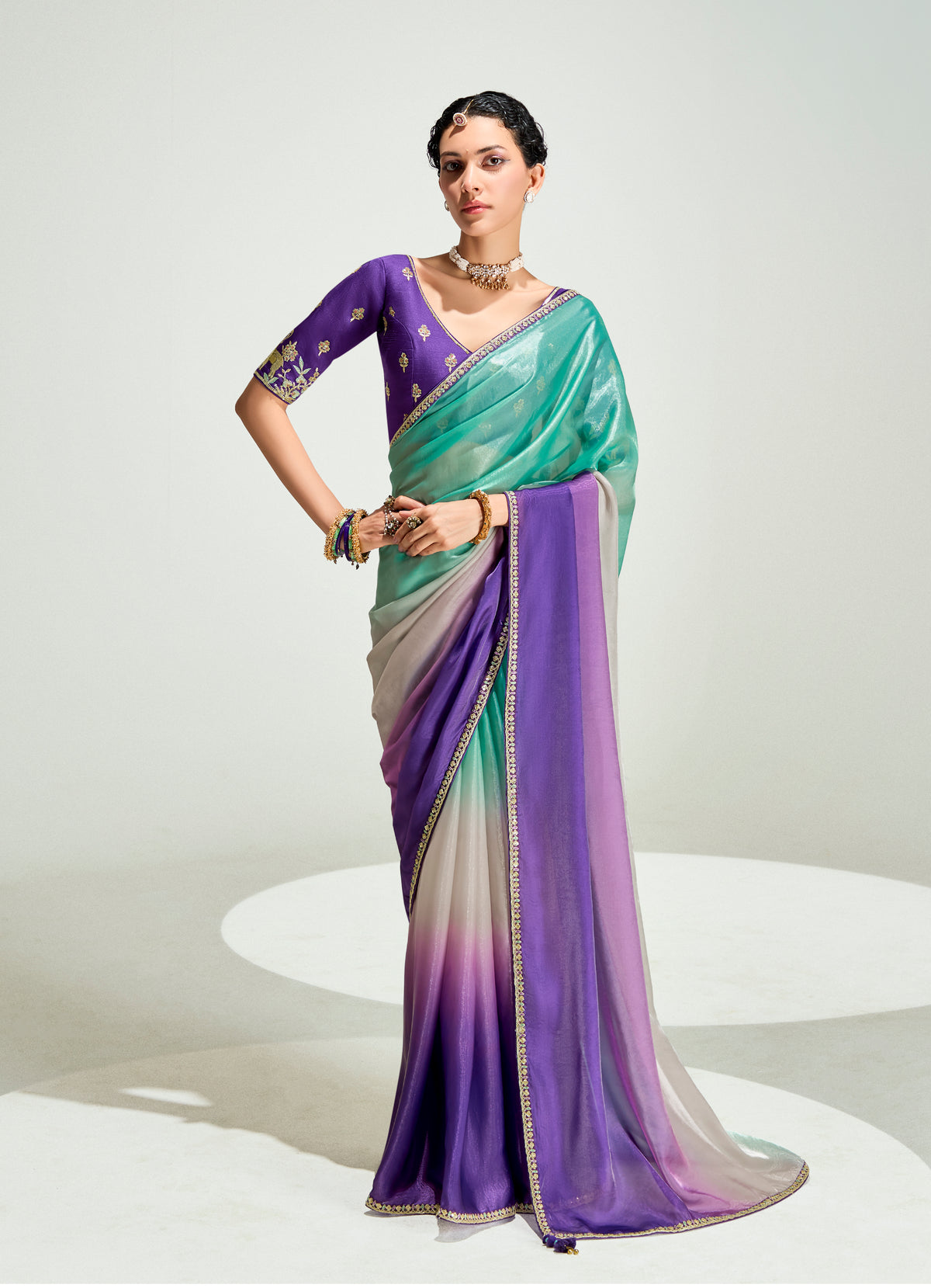 Multi Colour Organza Tissue Sequins Embroidery Handwork Wedding Wear Saree