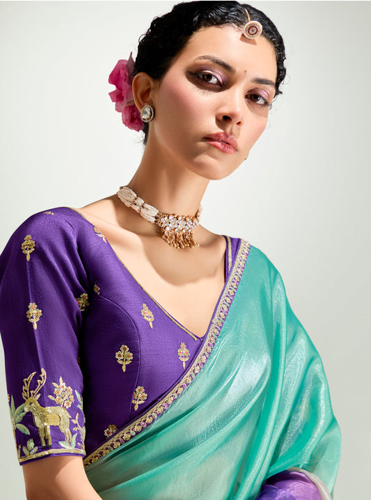 Multi Colour Organza Tissue Sequins Embroidery Handwork Wedding Wear Saree