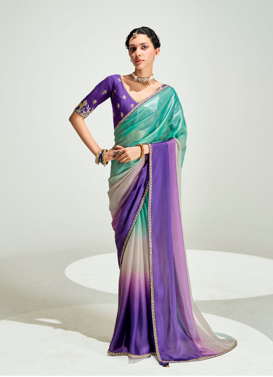 Multi Colour Organza Tissue Sequins Embroidery Handwork Wedding Wear Saree