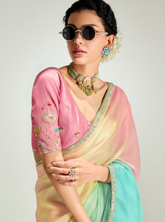Multi Colour Organza Tissue Sequins Embroidery Handwork Wedding Wear Saree