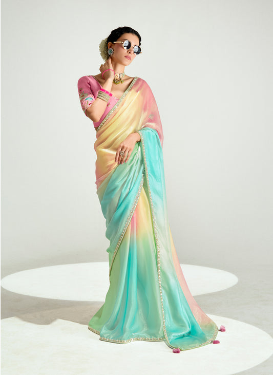 Multi Colour Organza Tissue Sequins Embroidery Handwork Wedding Wear Saree