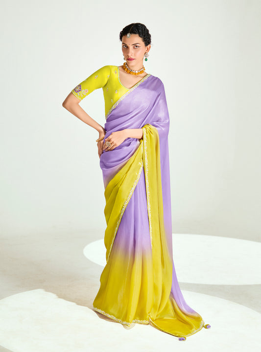 Lavender And Yellow Organza Tissue Sequins Embroidery Handwork Wedding Wear Saree