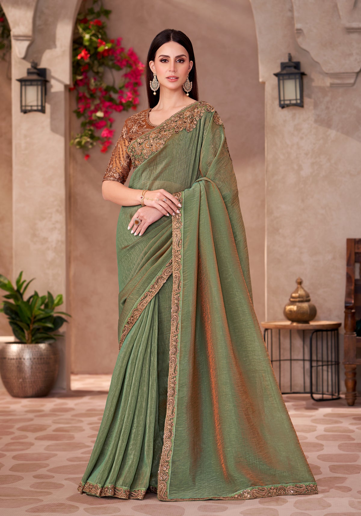 Olive Green Georgette Border Work Mehendi Wear Saree With Blouse