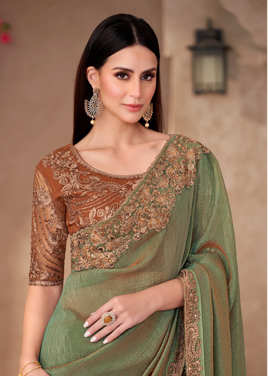 Olive Green Georgette Border Work Mehendi Wear Saree With Blouse