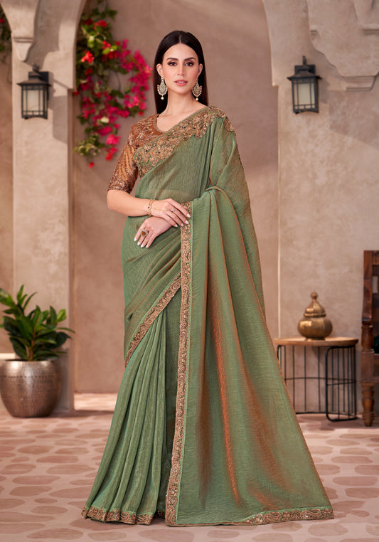 Olive Green Georgette Border Work Mehendi Wear Saree With Blouse