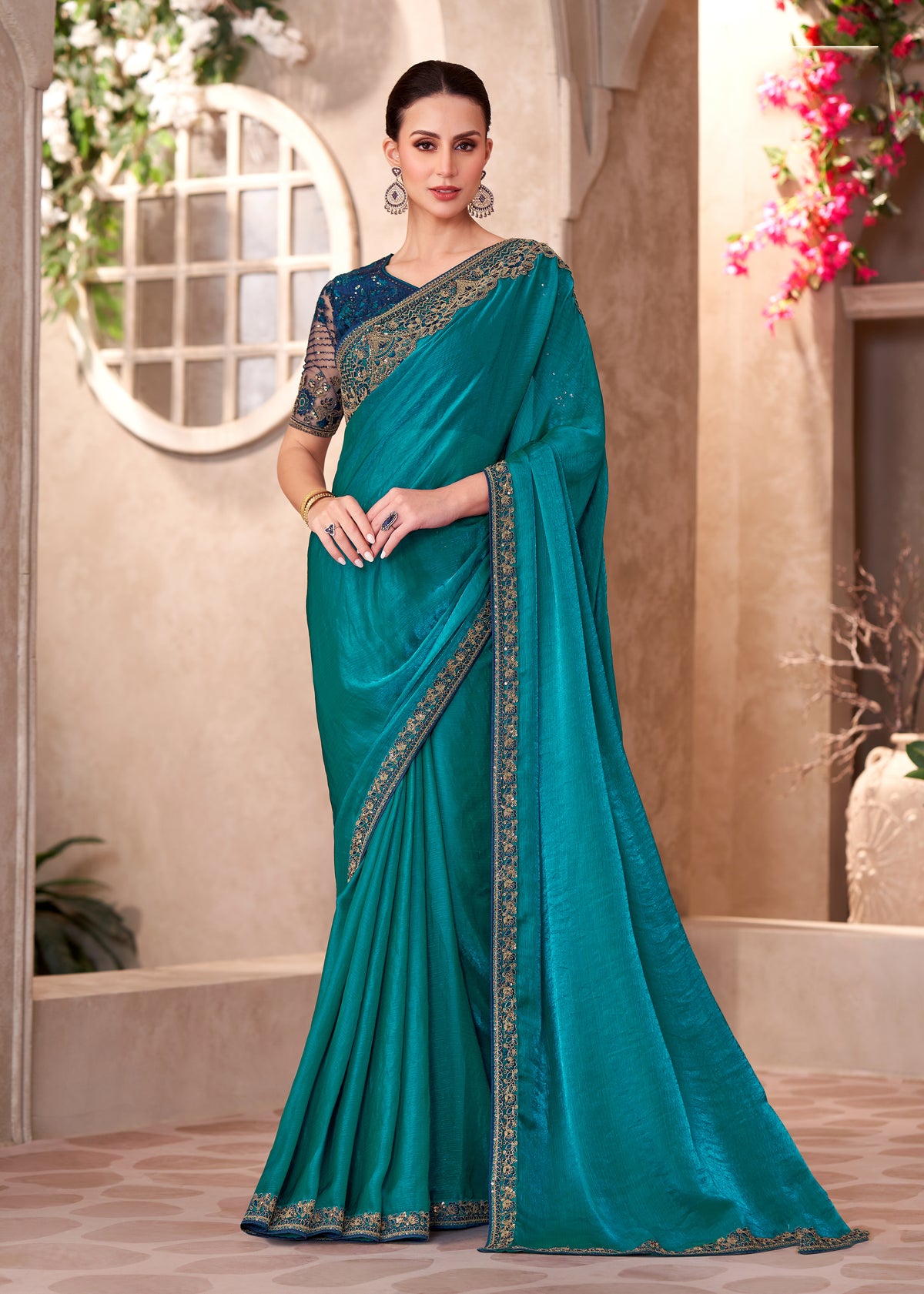 Satin Georgette Party wear Saree Teal Color With Embroidery Work
