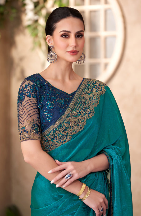 Satin Georgette Party wear Saree Teal Color With Embroidery Work