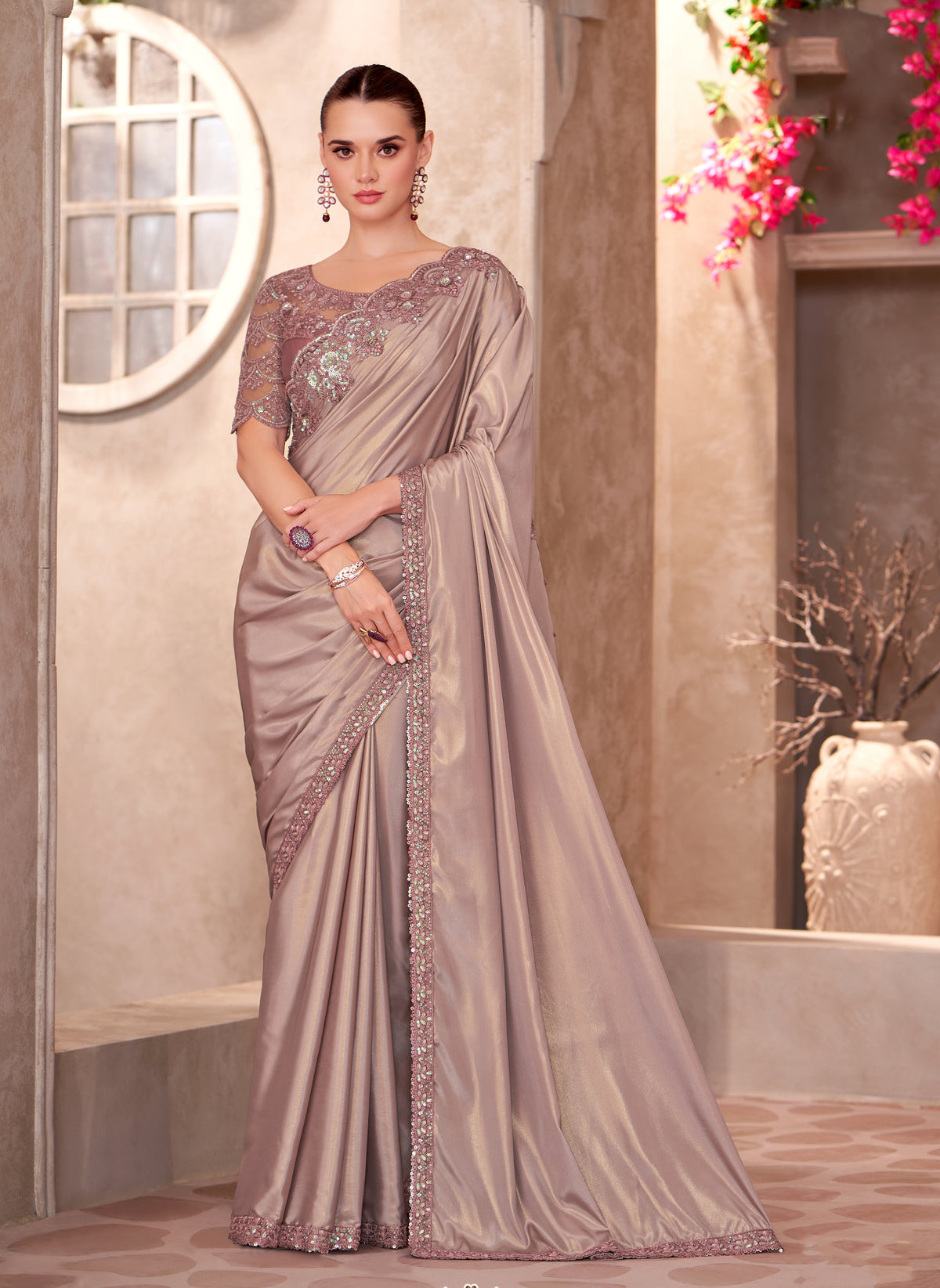 Simmer silk Party wear Saree Beige Color With Embroidery Work