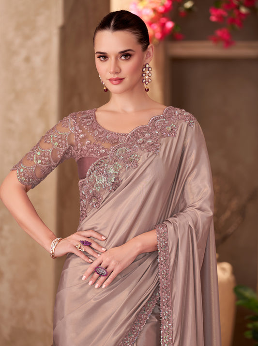 Simmer silk Party wear Saree Beige Color With Embroidery Work
