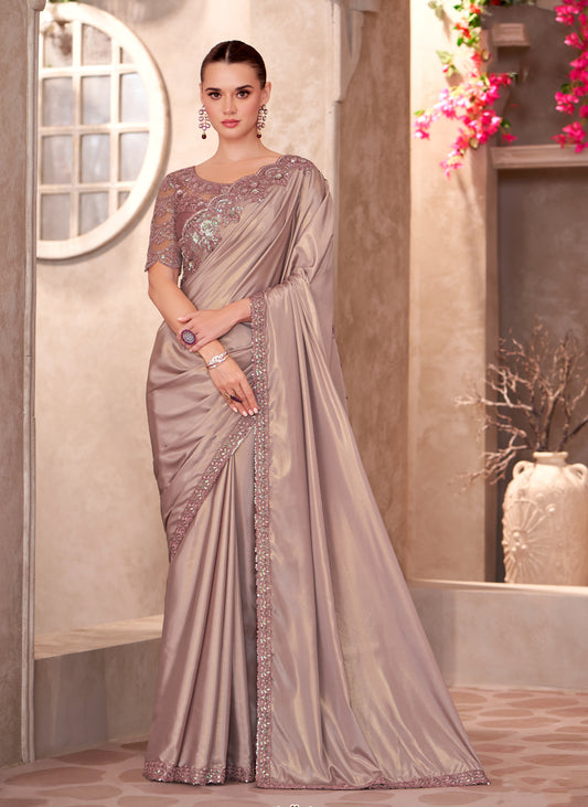 Simmer silk Party wear Saree Beige Color With Embroidery Work