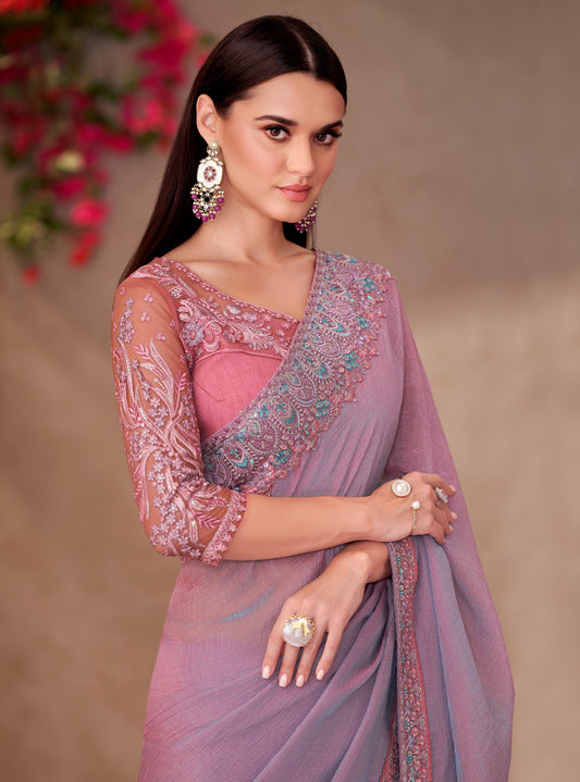 Mauve Pink Georgette Embroidered Border Work Function Wear Saree With Blouse