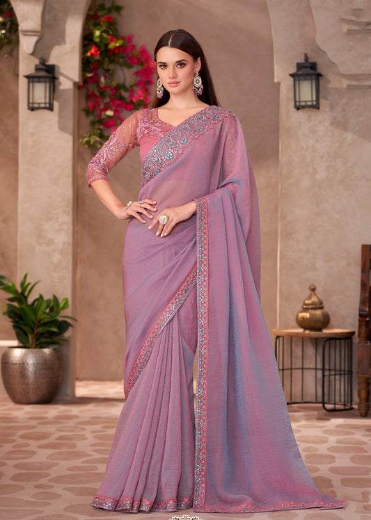 Mauve Pink Georgette Embroidered Border Work Function Wear Saree With Blouse